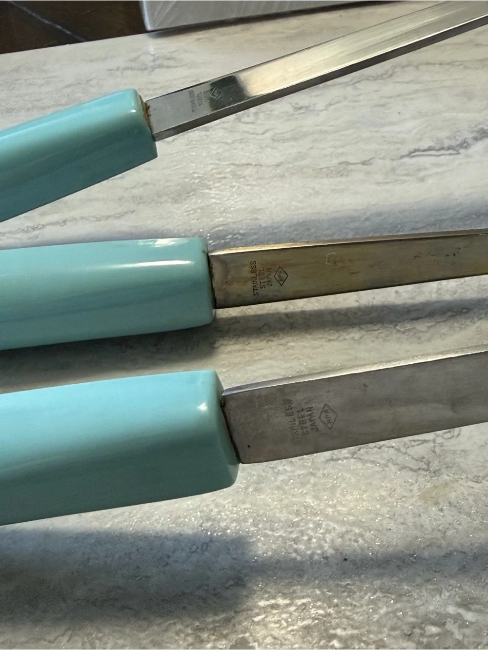 HPH Atomic Starburst White and Turquoise Blue Cooking Utensils Set of 3 Vintage